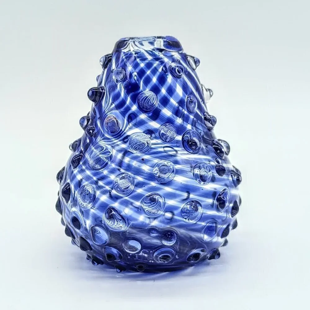 Artisan Signed Cobalt Blue Swirl Hobnail Glass Bud Vase